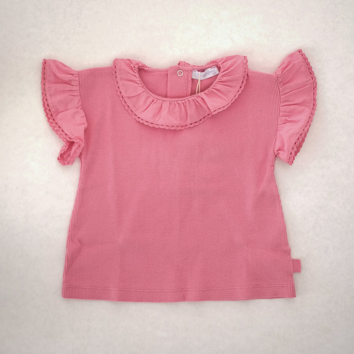 T-Shirt Ripp mit Rüschenkragen pink, LARANJINHA