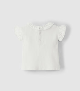 T-Shirt Ripp mit Rüschenkragen off-white, LARANJINHA